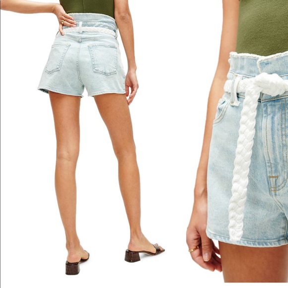 NEW • 7 For All Mankind • High Waisted Denim Shorts Belted Grand street 25 Blue - Picture 2 of 6